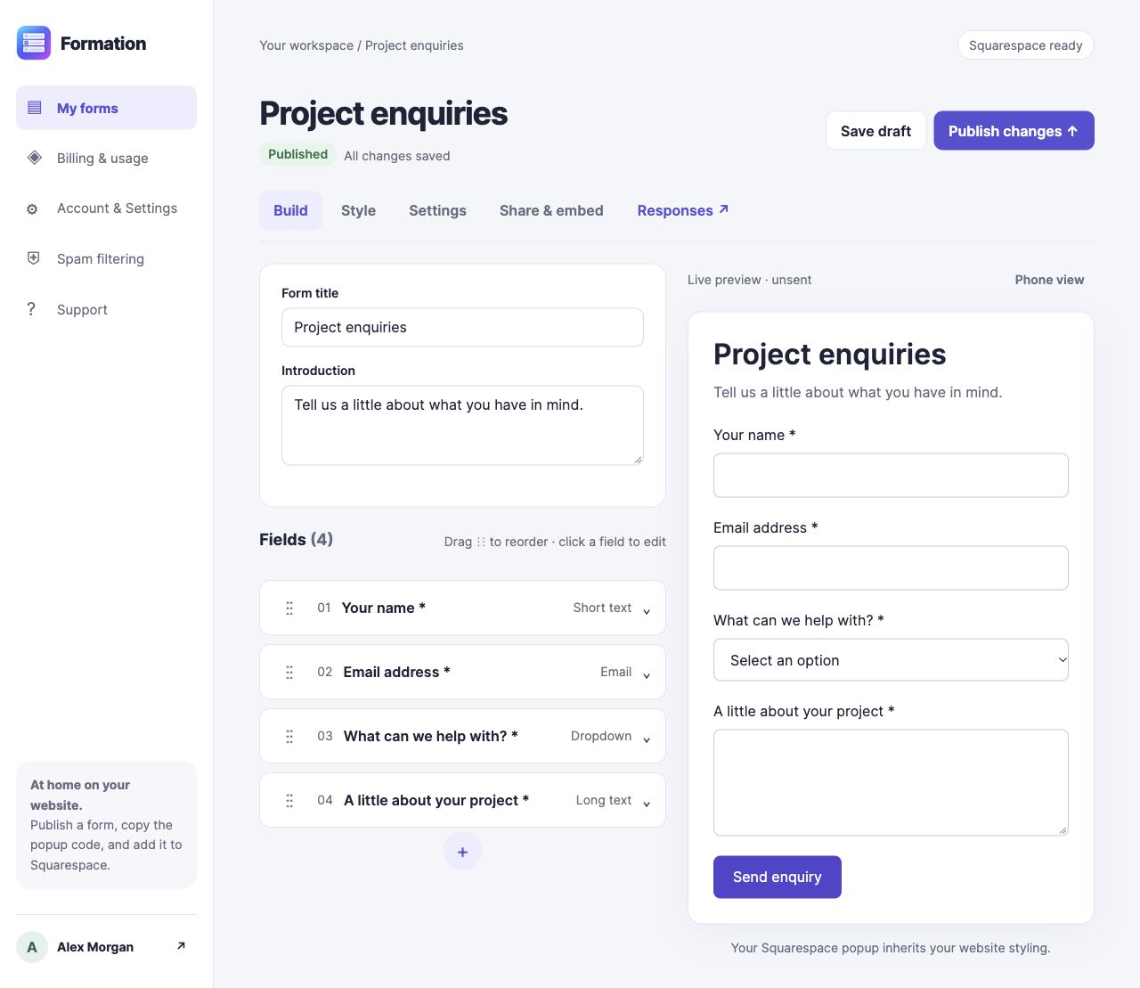 Formation's form builder showing a project enquiry with rearrangeable fields beside a live preview