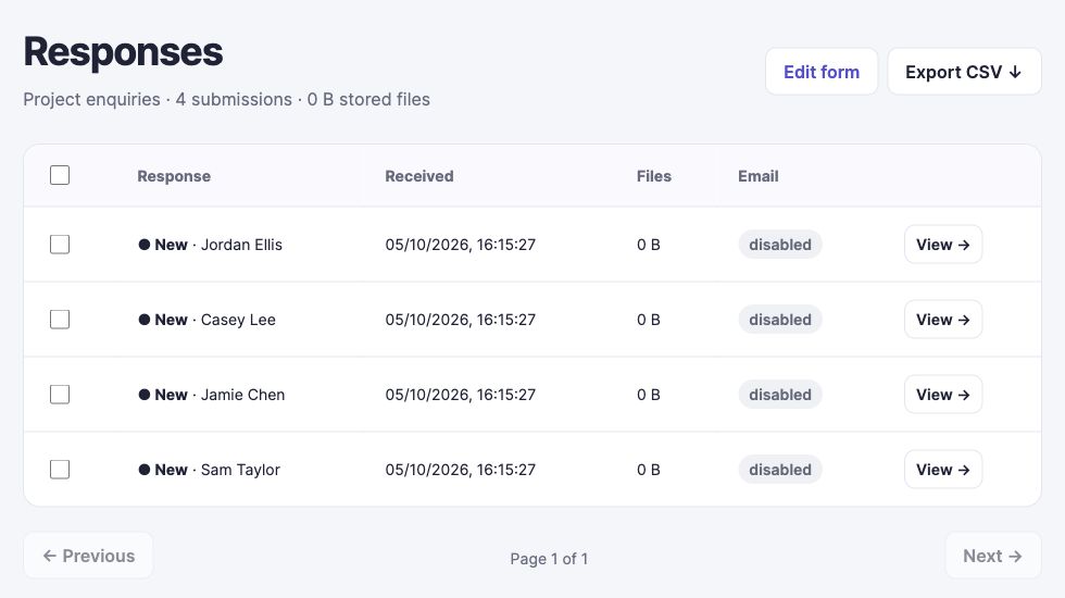 Formation response inbox with sample enquiries and controls to review and organise submissions